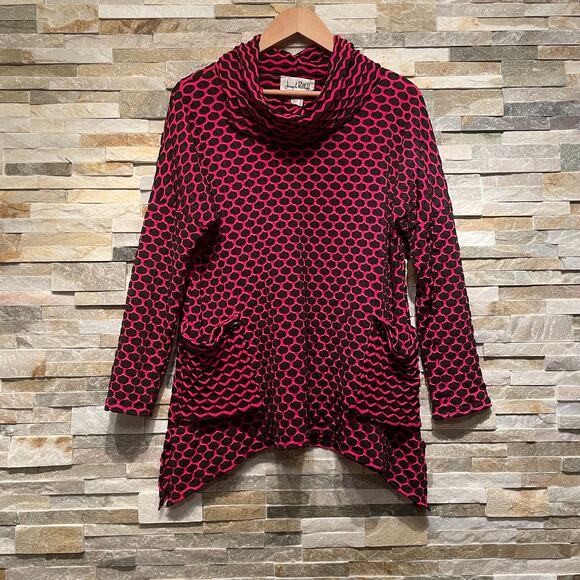 Joseph Ribkoff US 8 Cowl Neck Tunic | Pink Black Wave Print Textured Knit Pocket - Picture 3 of 6
